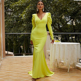 V-neck Long Sleeve Hepburn Elegant Sheath Elegant Lady Small Mop Evening Dress for
