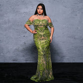 Robe de soirée cocktail à sequins grande taille, col montant, col rond