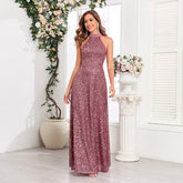 Sleeveless Suspender Dress Shiny Sequined Party Dress A line Collar Lace up Full Lining Long Dance Dress Bridesmaid Dress