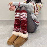 Snowflake Red Knit Warm Slouchy Christmas Leg Warmers