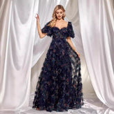 Evening Wear High Grade Floral U Neck Evening Dress Short Sleeve Slim Fit Party Cocktail