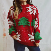 Green Fashion Tree Embroidery Knitted Pullover Casual Loose Retro Christmas Sweater Red / S
