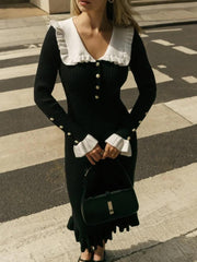 Robe midi côtelée à col Claudine