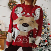 Elk Snowflake Pattern Christmas Sweater - Long Sleeve Loose Knit Red / S Sweaters-L