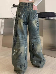Pantalon baggy taille haute style graffiti vintage Y2K