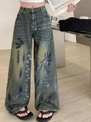 Pantalon baggy taille haute style graffiti vintage Y2K