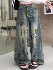 Pantalon baggy taille haute style graffiti vintage Y2K