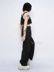 Pantalon décontracté en denim blanc à coutures apparentes et poches bavette ajustables