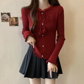 Red Christmas Solid Bow Drawstring Elegant Slim O-Neck Warm Sweater / S Sweaters-L