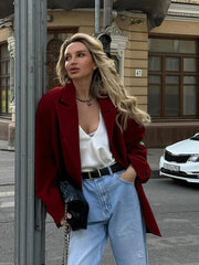 Red Lapel Single Button Blazer Coat Coats-241208