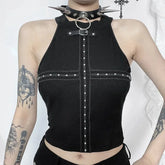 Gothic Dark Rivet Mesh Off Shoulder Sexy Backless Crop Top
