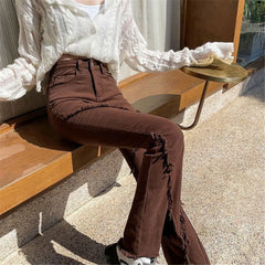 Jean marron à franges fendues, taille haute, slim et élastique