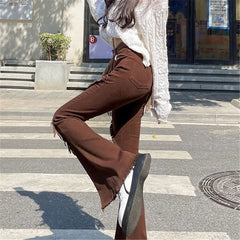 Jean marron à franges fendues, taille haute, slim et élastique