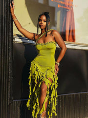 Robe mini dos nu à volants et patchwork