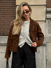 Retro Suede Female Blazer Jacket Chic Lapel Single Breasted Long Sleeve Lady Short Coat Autumn Winter Pockets Lady Outwear