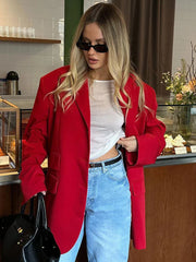Autumn Red Fashion Blazer Women 2024 New Single Breasted Long Sleeve Pockets Outerwear Streetwear Fashion Casual Jackets Female