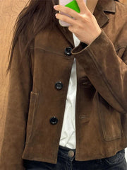 Retro Suede Female Blazer Jacket Chic Lapel Single Breasted Long Sleeve Lady Short Coat Autumn Winter Pockets Lady Outwear