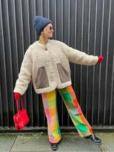 Manteaux à poches à carreaux color-block, col rond, manches longues, boutonnage simple