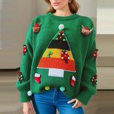 Christmas Tree Jacquard Three Decorated Round Neck Long Sleeve Fleece Sweater Green / S Sweaters-L