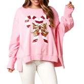 Christmas Sequin Candy Cane Holiday Oversized Side Slit Sparkly Pullover Hoodie Pink / S Hoodies-L