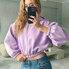 Fashion Zipper Cropped Solid Color Long Sleeve Hoodie