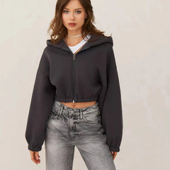 Fashion Zipper Cropped Solid Color Long Sleeve Hoodie