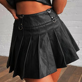 Vintage PU Leather High Waist Pleated Black Slim A-Line Mini Skirt