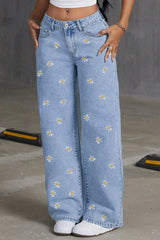 Floral Embroidered Denim Jeans