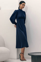 High Neck Long Sleeve A-Line Midi Dress