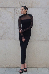 Mesh Panel Turtleneck Bodycon Midi Dress