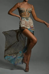 Robe midi en dentelle léopard et résille