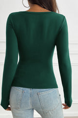 Button Detail Lace Trim V-Neck Long Sleeve Tee