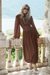 Chiffon Puff Sleeve Ruched Midi Dress