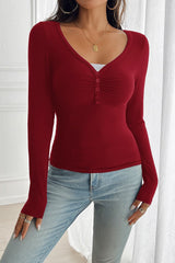 Button Detail Lace Trim V-Neck Long Sleeve Tee