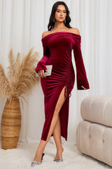 Robe midi sexy bordeaux à épaules dénudées et fente haute