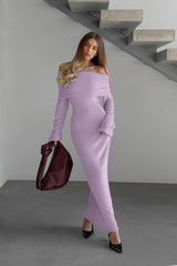 Robe longue élégante en maille à épaules dénudées et taille cintrée