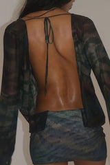 Tie-Dye Deep V Neck Backless Mini Dress