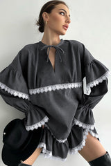 Lace Ruffle Tie V-Neck Mini Dress