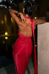 Robe longue sexy à bretelles spaghetti froncées avec ruban en satin