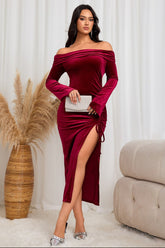 Robe midi sexy bordeaux à épaules dénudées et fente haute