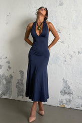 Halter Deep V Backless Midi Dress