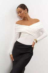 Ruched Cross Slim Bare-Shoulder Long Sleeve Tee