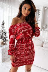 Robe mini décontractée à manches longues et taille nouée, imprimée de Noël