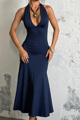 Halter Deep V Backless Midi Dress