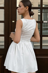 Buttoned Ruched Square Neck Mini Dress