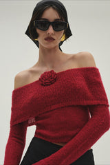 T-shirt à manches longues en maille ajustée à épaules dénudées et imprimé floral 3D