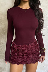 3D Floral Panel Long Sleeve Bodycon Mini Dress