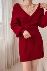 Sexy V Neck Cross Collar Off Shoulder Cable Ribbed Bodycon Sweater Dress