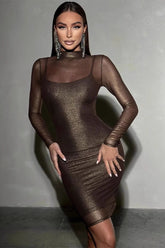 Turtleneck Mesh Bodycon Midi Dress