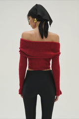 T-shirt à manches longues en maille ajustée à épaules dénudées et imprimé floral 3D